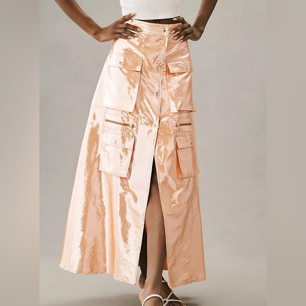 Anthropologie Shiny Orange Cargo Thin Maxi Skirt - Size Medium